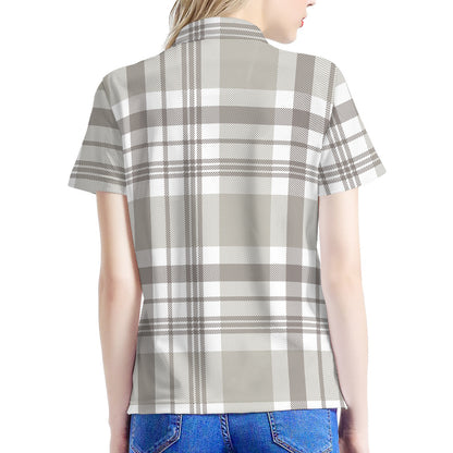 Grey And White Border Tartan Print Women's Polo Shirt