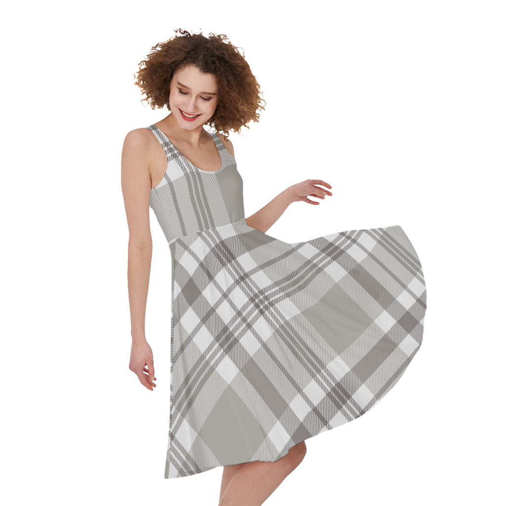 Grey And White Border Tartan Print Women's Sleeveless Dress