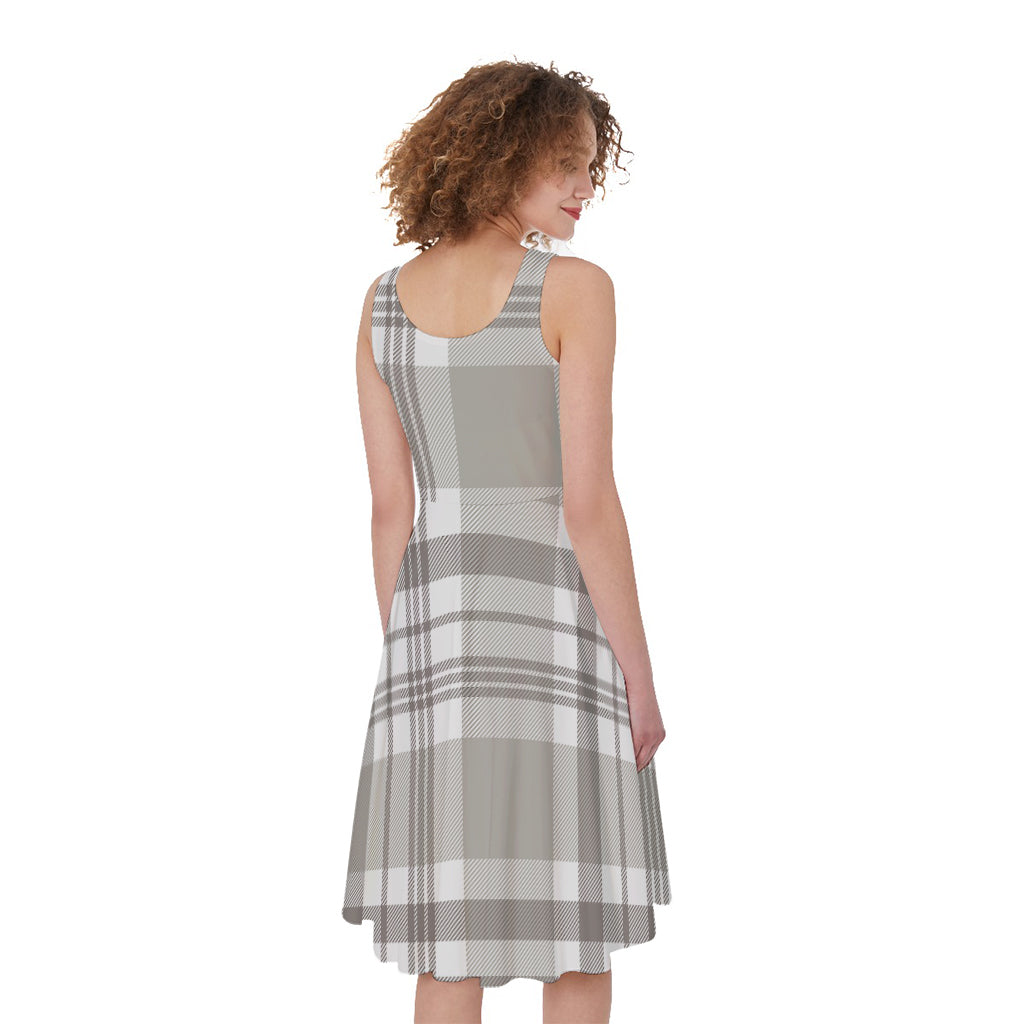 Grey And White Border Tartan Print Women's Sleeveless Dress