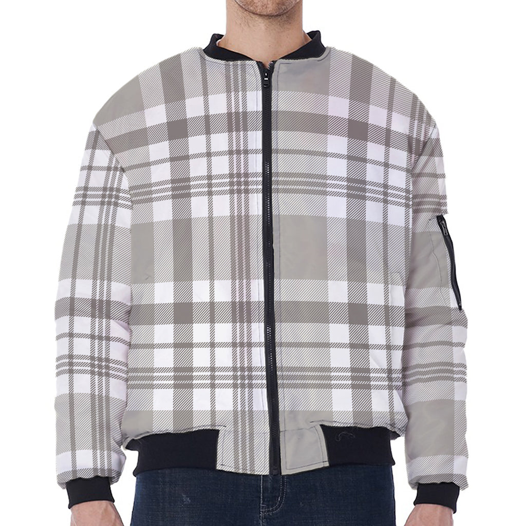 Grey And White Border Tartan Print Zip Sleeve Bomber Jacket