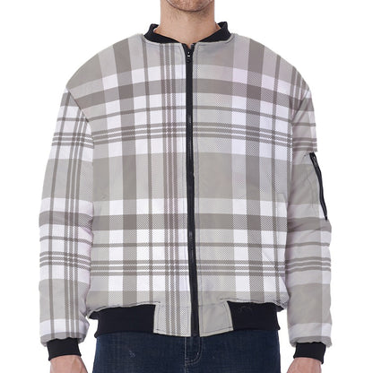 Grey And White Border Tartan Print Zip Sleeve Bomber Jacket