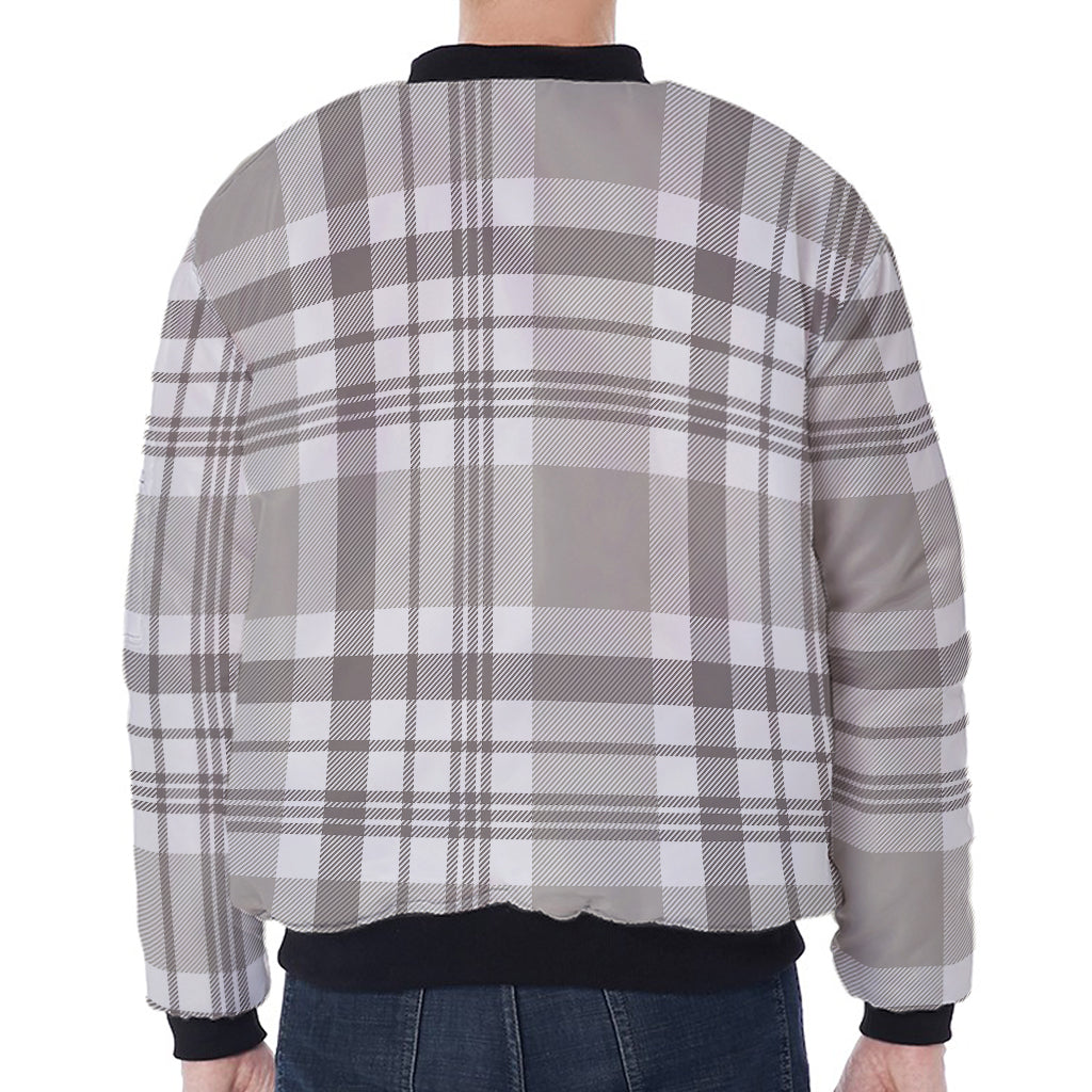 Grey And White Border Tartan Print Zip Sleeve Bomber Jacket