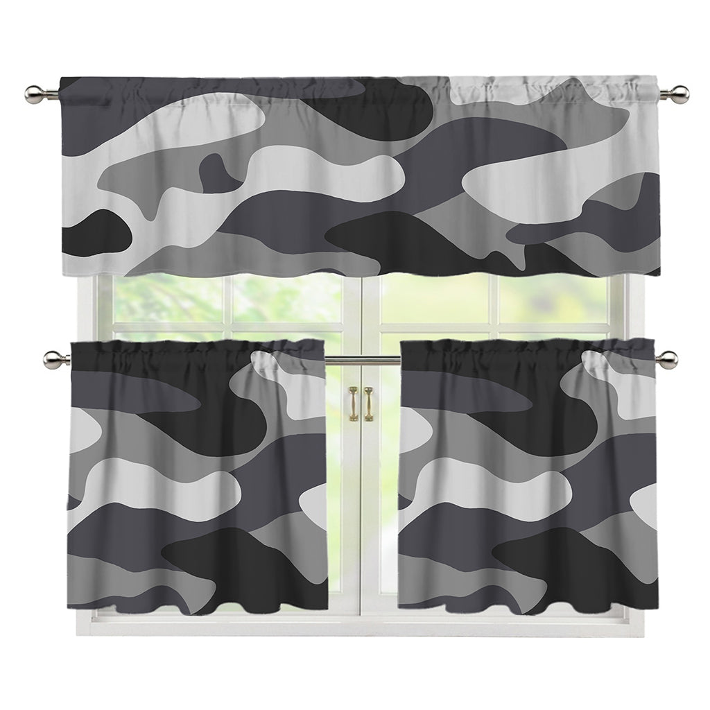Grey And White Camouflage Print 3 Piece Kitchen Curtains