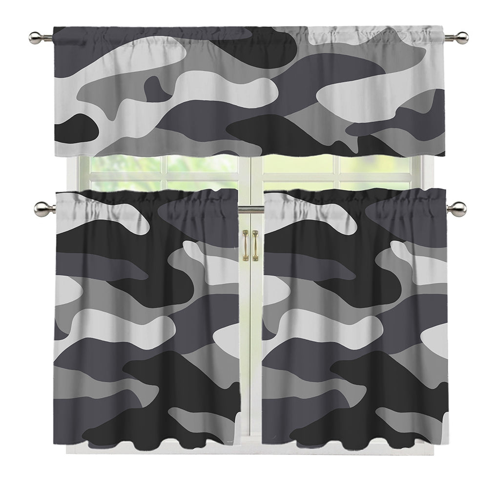 Grey And White Camouflage Print 3 Piece Kitchen Curtains