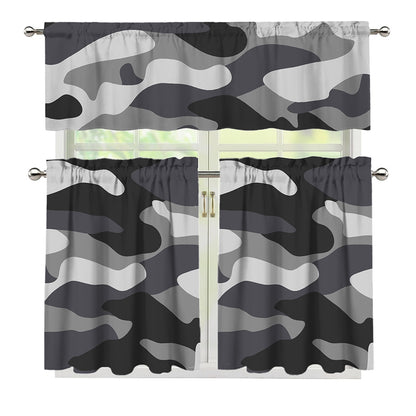 Grey And White Camouflage Print 3 Piece Kitchen Curtains