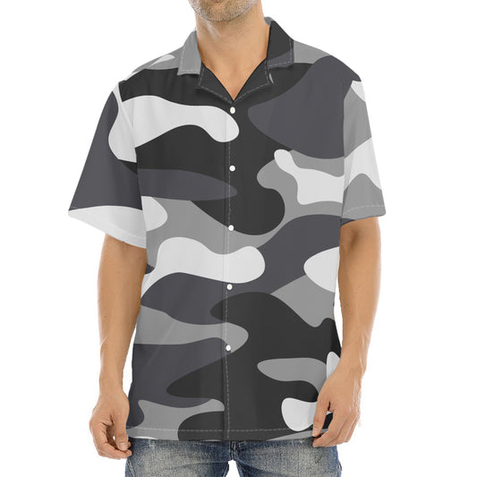 Grey And White Camouflage Print Aloha Shirt