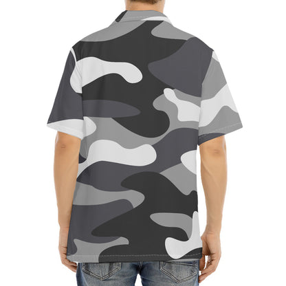 Grey And White Camouflage Print Aloha Shirt