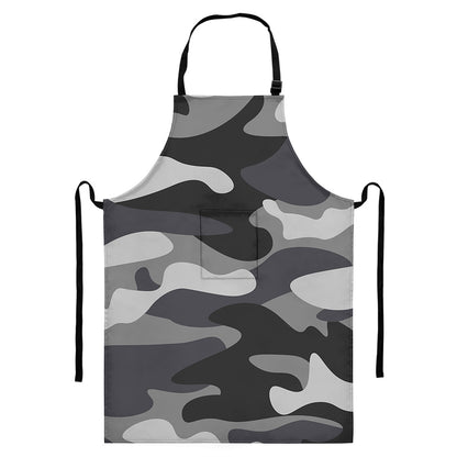 Grey And White Camouflage Print Bib Apron With Pocket