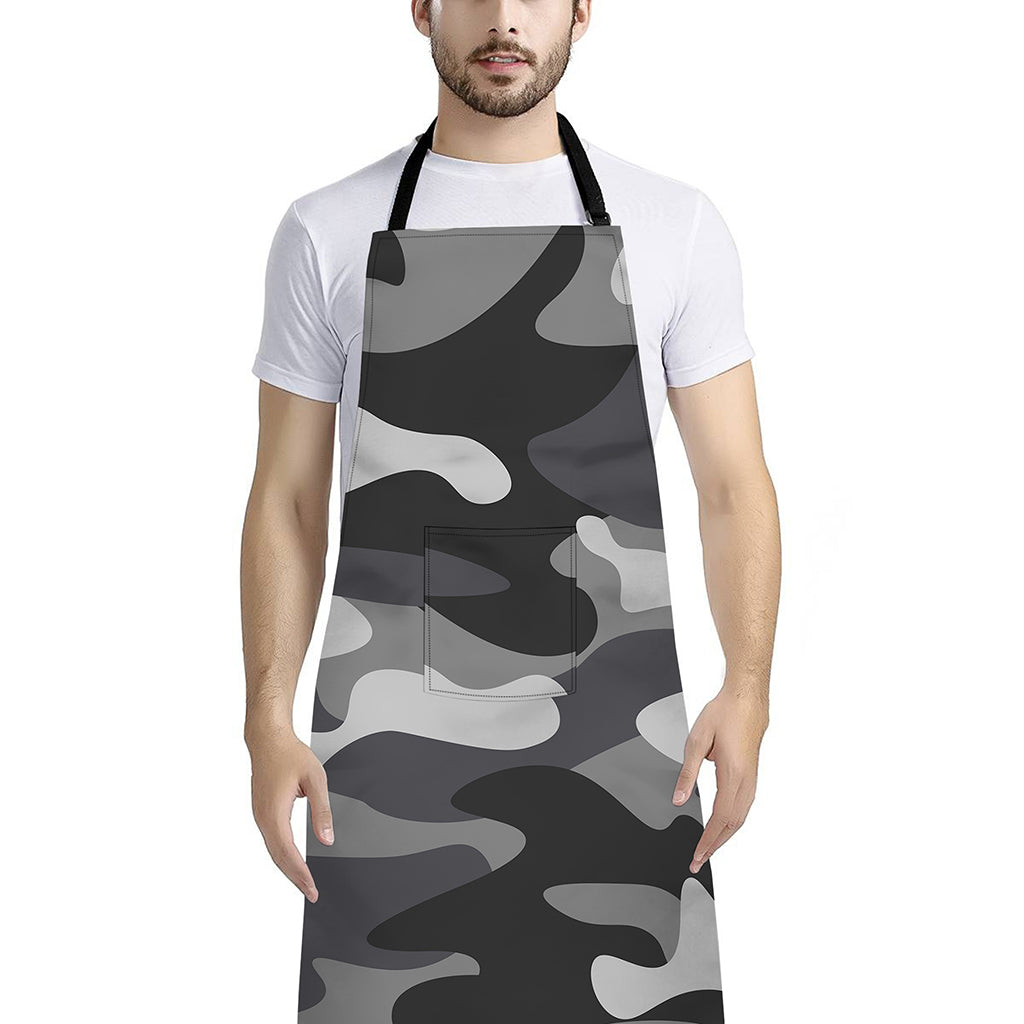 Grey And White Camouflage Print Bib Apron With Pocket