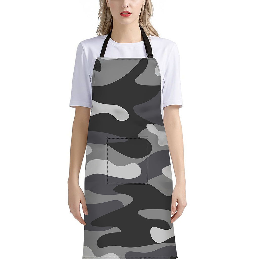 Grey And White Camouflage Print Bib Apron With Pocket