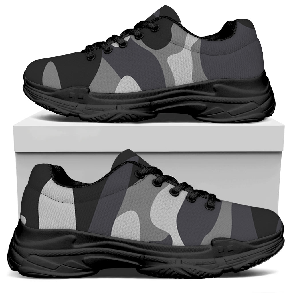 Grey And White Camouflage Print Black Chunky Shoes