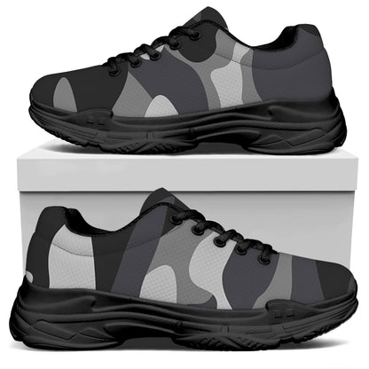 Grey And White Camouflage Print Black Chunky Shoes