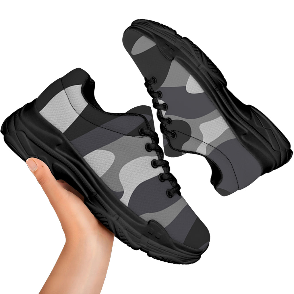 Grey And White Camouflage Print Black Chunky Shoes