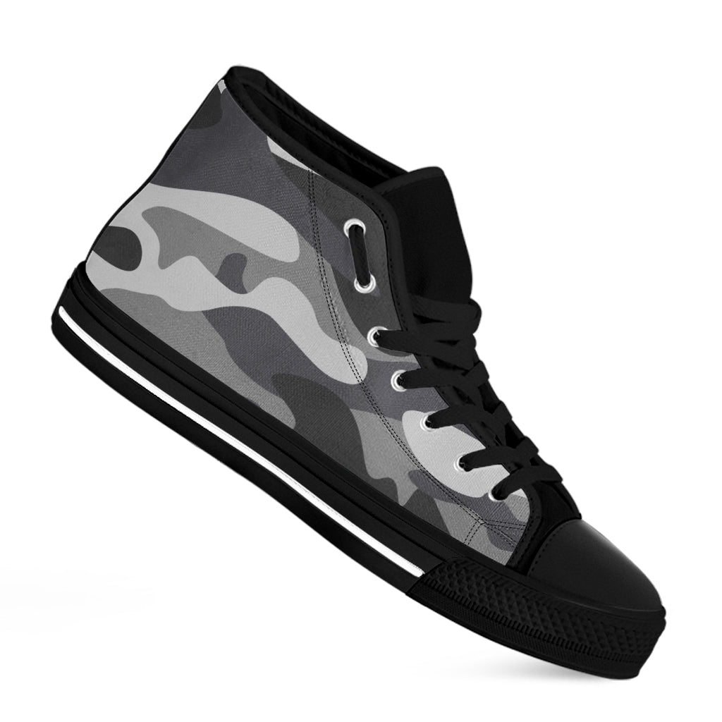 Grey And White Camouflage Print Black High Top Sneakers