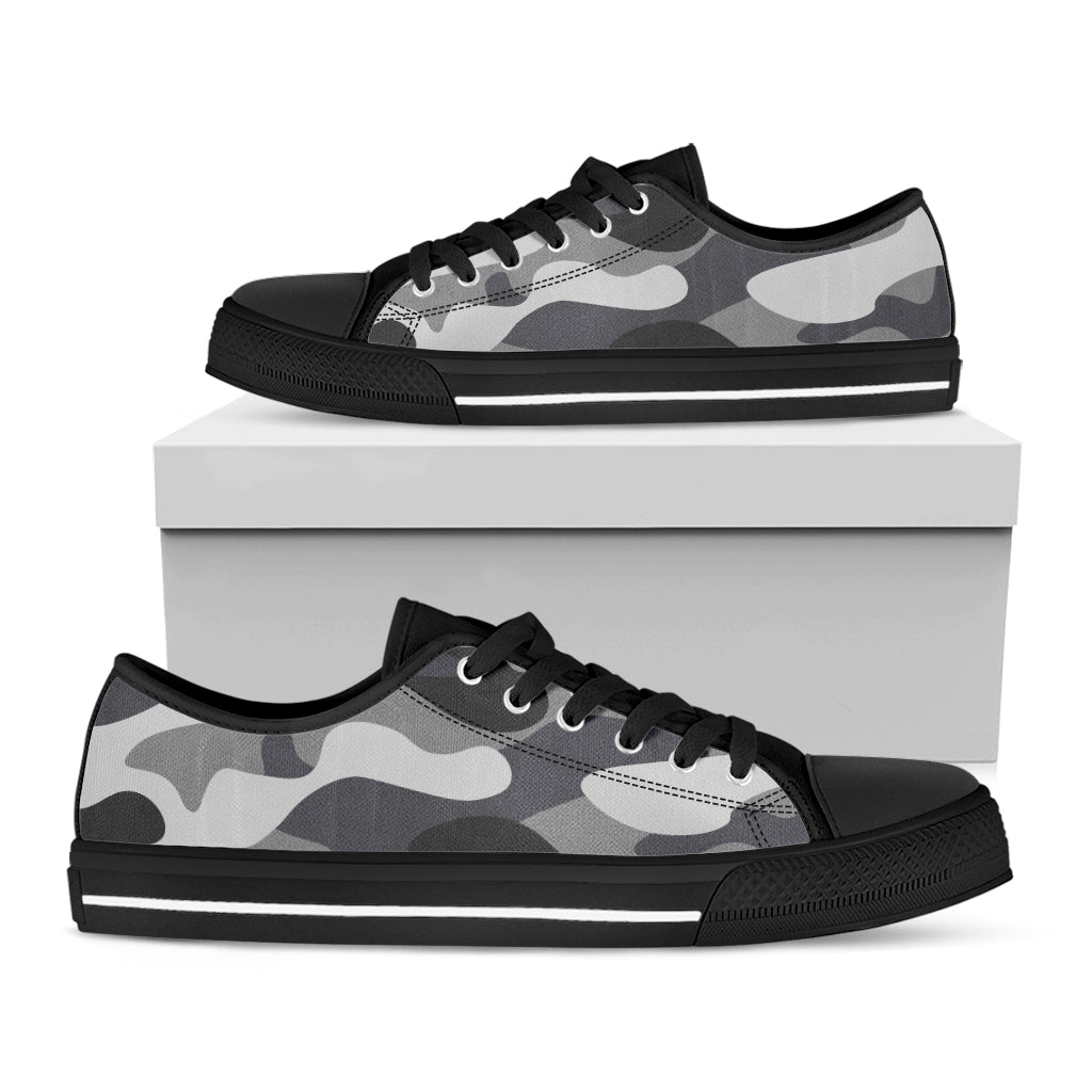 Grey And White Camouflage Print Black Low Top Sneakers