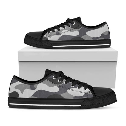 Grey And White Camouflage Print Black Low Top Sneakers