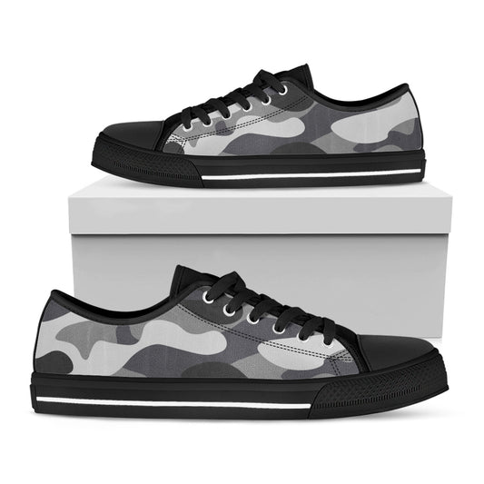 Grey And White Camouflage Print Black Low Top Sneakers