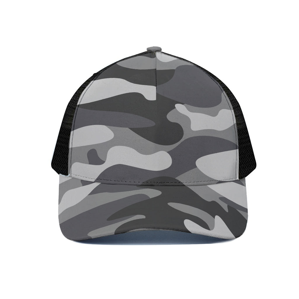 Grey And White Camouflage Print Black Mesh Trucker Cap