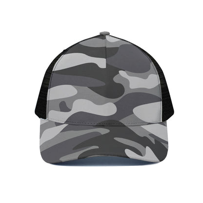 Grey And White Camouflage Print Black Mesh Trucker Cap