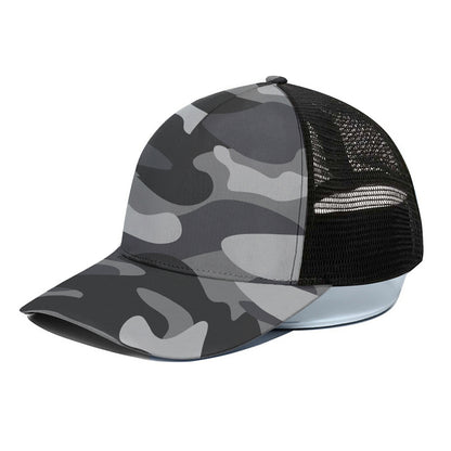 Grey And White Camouflage Print Black Mesh Trucker Cap