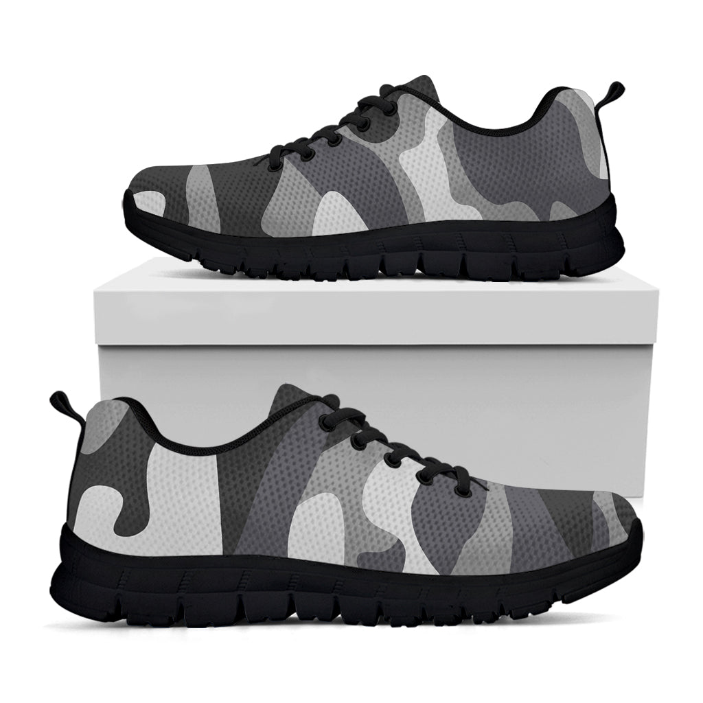 Grey And White Camouflage Print Black Running Shoes