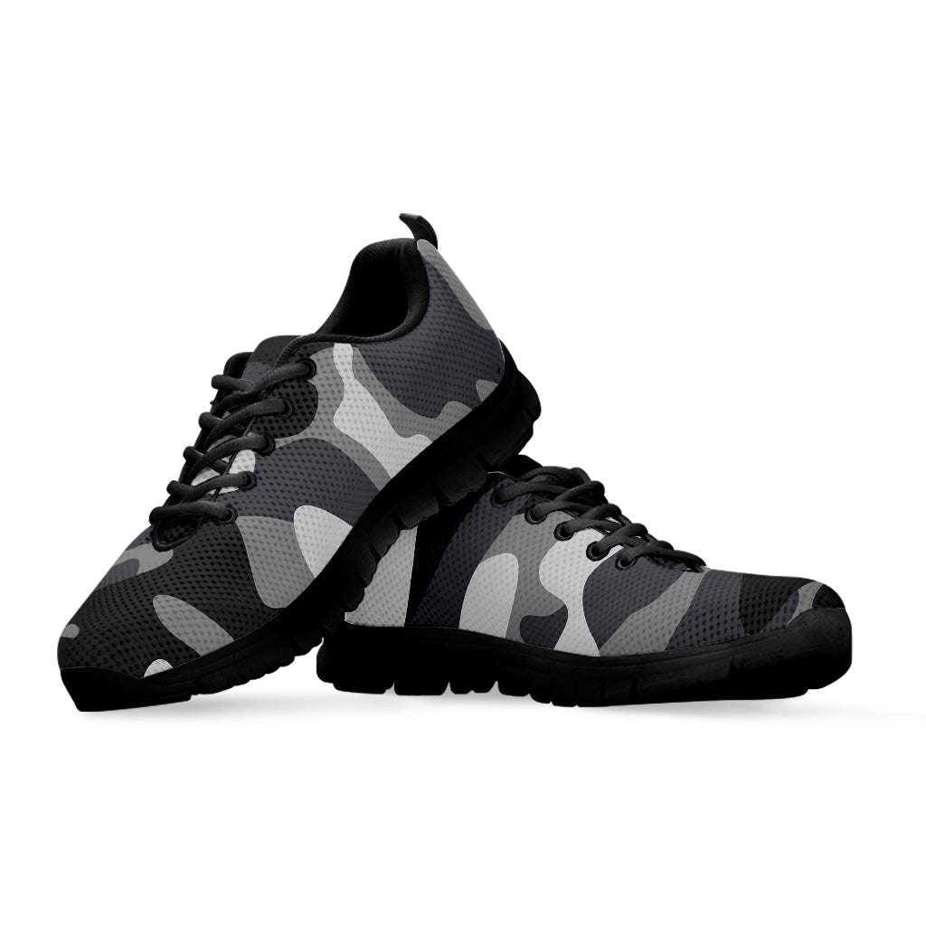 Grey And White Camouflage Print Black Running Shoes