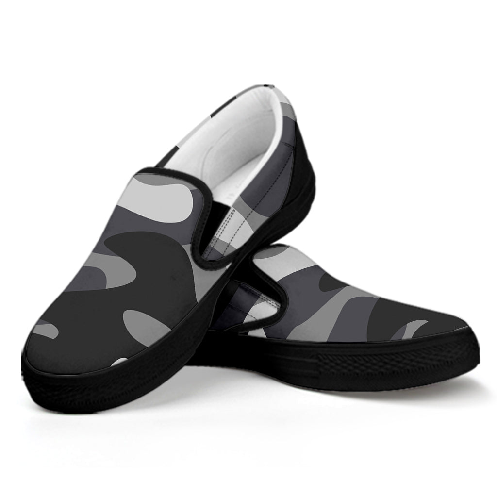 Grey And White Camouflage Print Black Slip On Sneakers