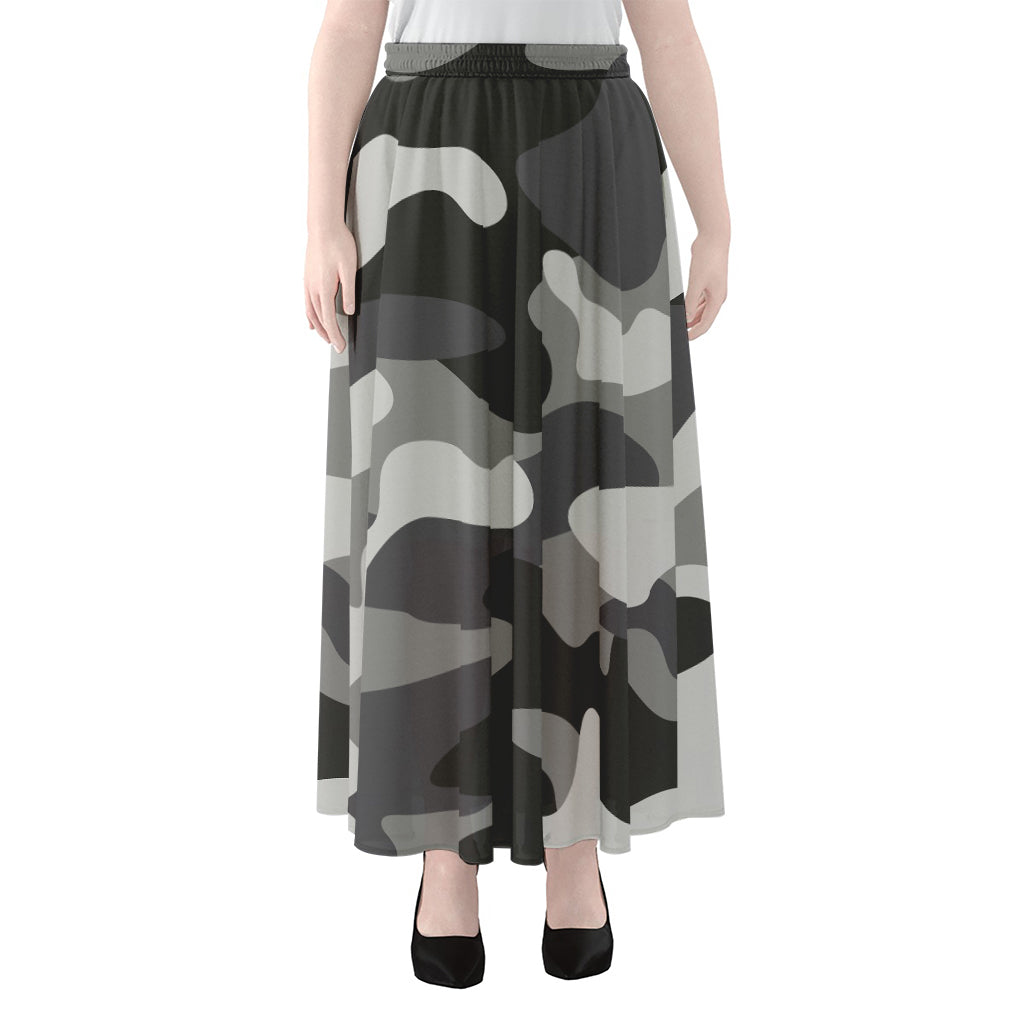 Grey And White Camouflage Print Chiffon Maxi Skirt