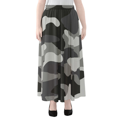 Grey And White Camouflage Print Chiffon Maxi Skirt