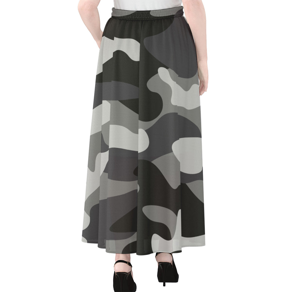 Grey And White Camouflage Print Chiffon Maxi Skirt
