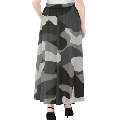 Grey And White Camouflage Print Chiffon Maxi Skirt