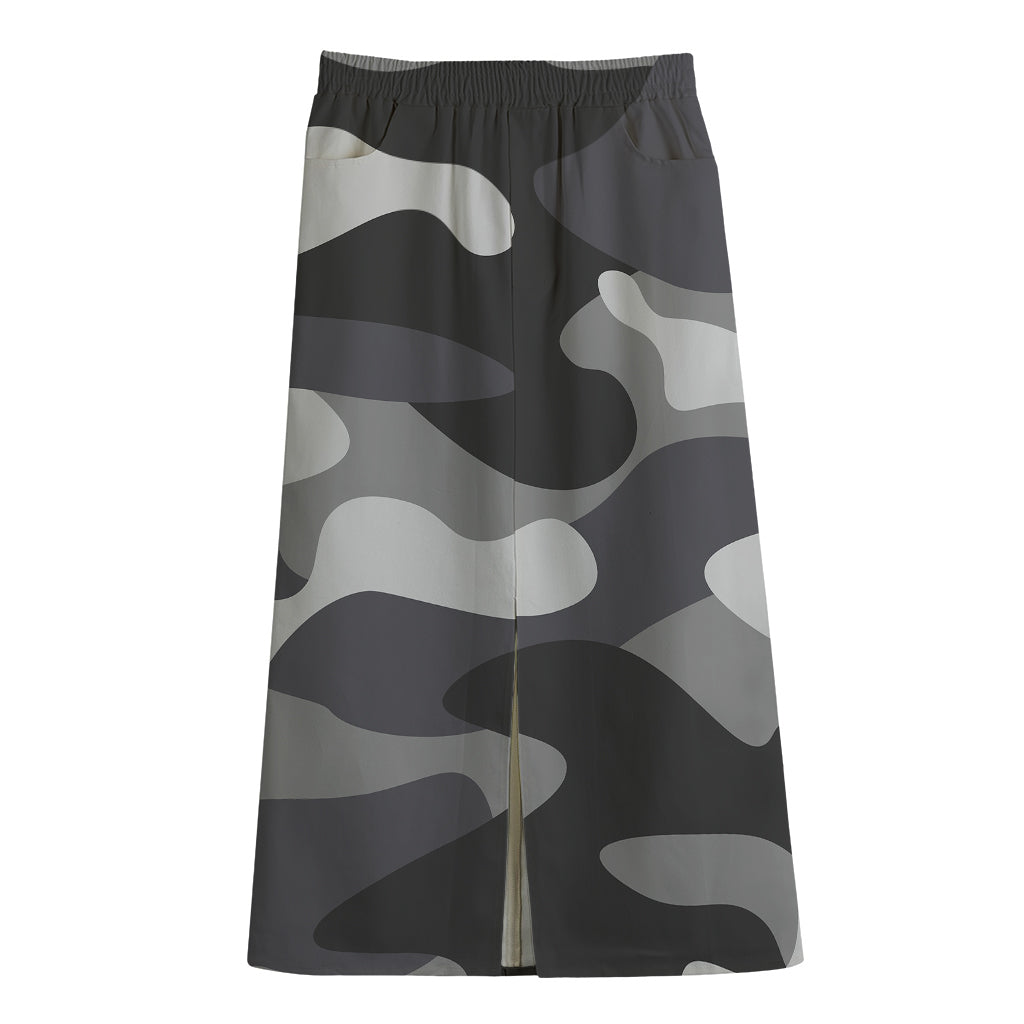 Grey And White Camouflage Print Cotton Front Slit Maxi Skirt