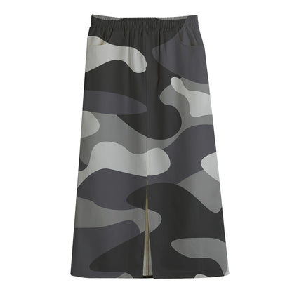 Grey And White Camouflage Print Cotton Front Slit Maxi Skirt