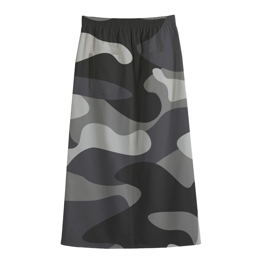 Grey And White Camouflage Print Cotton Front Slit Maxi Skirt