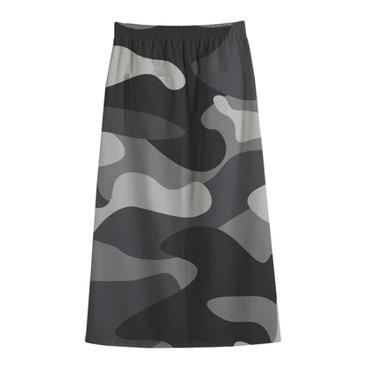 Grey And White Camouflage Print Cotton Front Slit Maxi Skirt