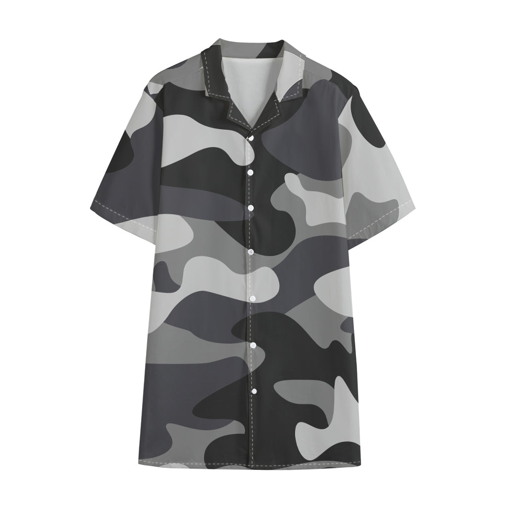 Grey And White Camouflage Print Cotton Hawaiian Shirt