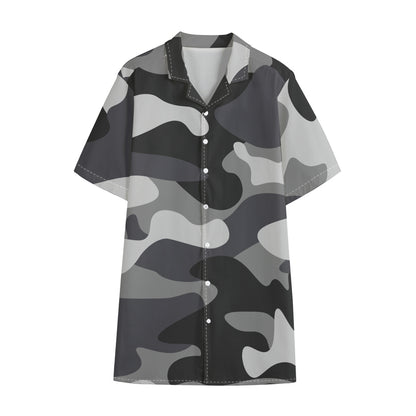 Grey And White Camouflage Print Cotton Hawaiian Shirt