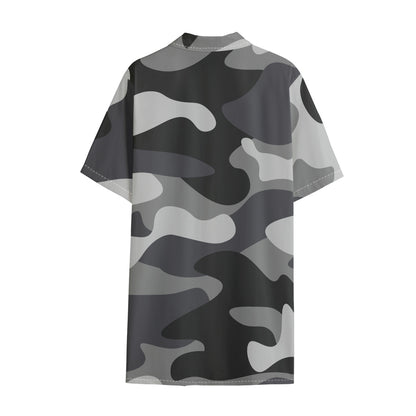 Grey And White Camouflage Print Cotton Hawaiian Shirt