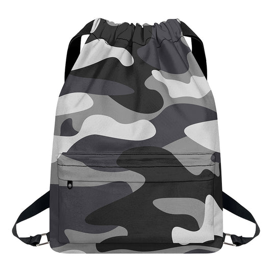 Grey And White Camouflage Print Drawstring Backpack
