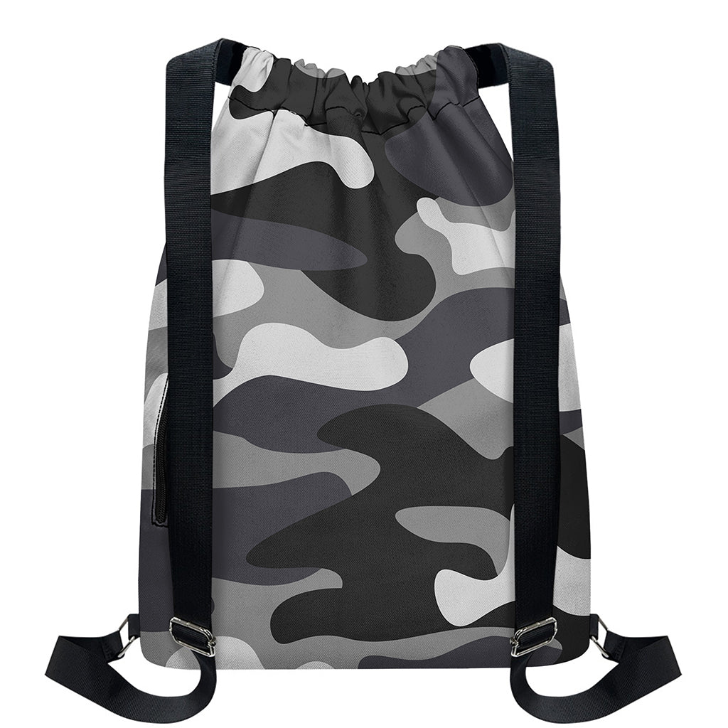 Grey And White Camouflage Print Drawstring Backpack