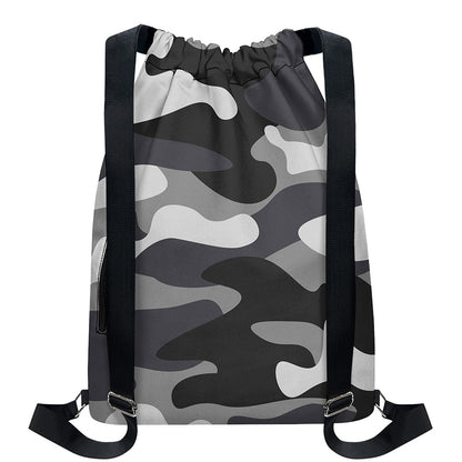 Grey And White Camouflage Print Drawstring Backpack