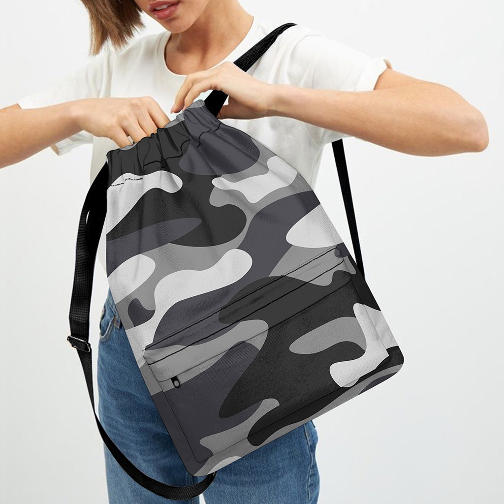 Grey And White Camouflage Print Drawstring Backpack