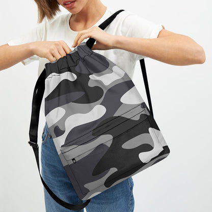 Grey And White Camouflage Print Drawstring Backpack