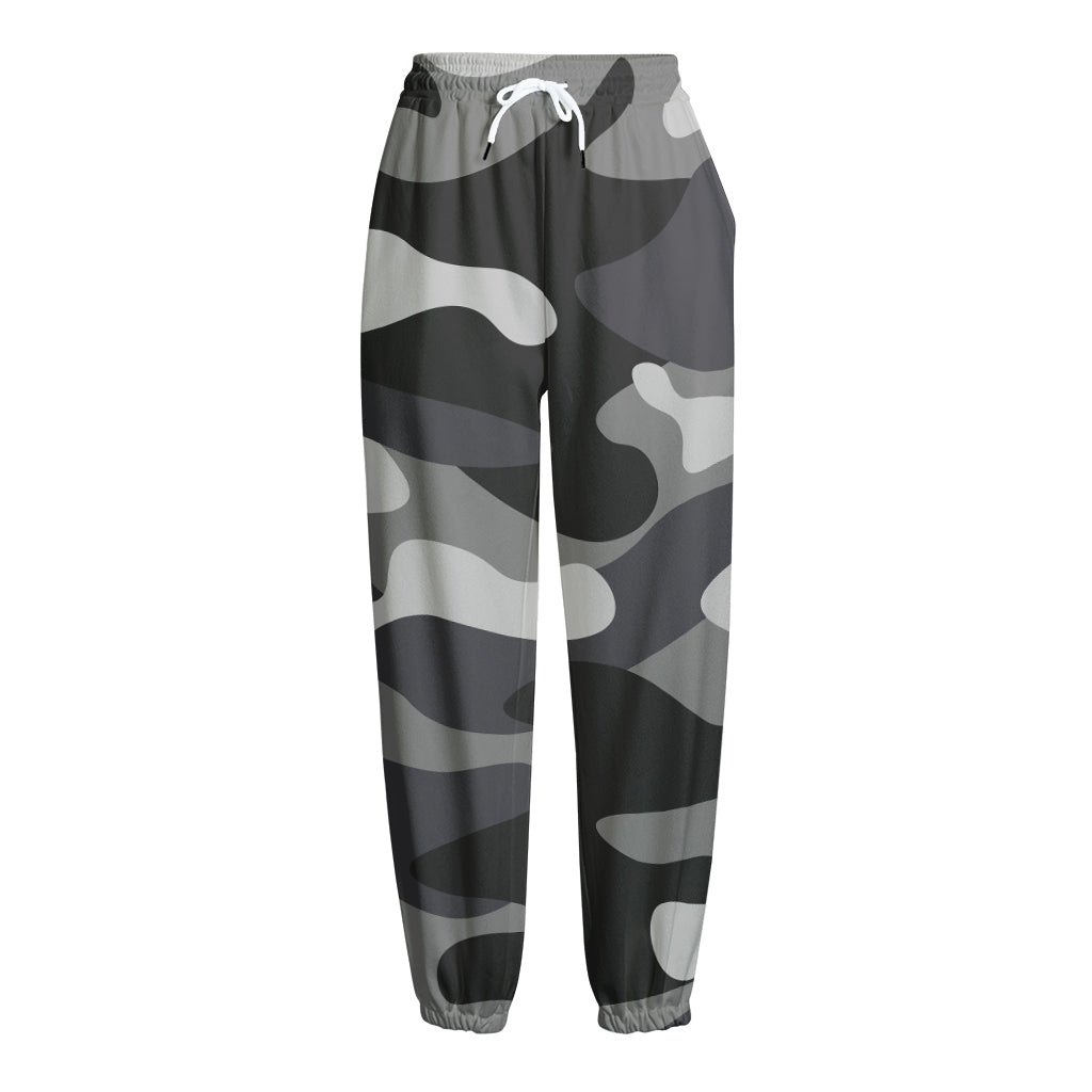 Grey And White Camouflage Print Fleece Lined Knit Pants