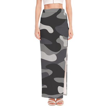 Grey And White Camouflage Print High Slit Maxi Skirt