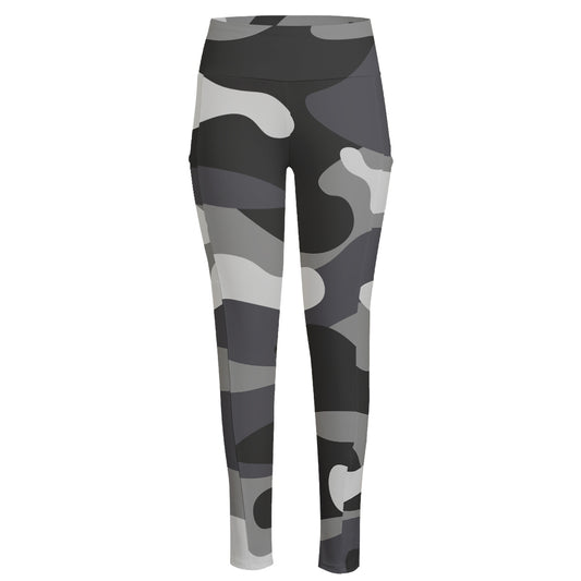 Grey And White Camouflage Print High-Waisted Pocket Leggings