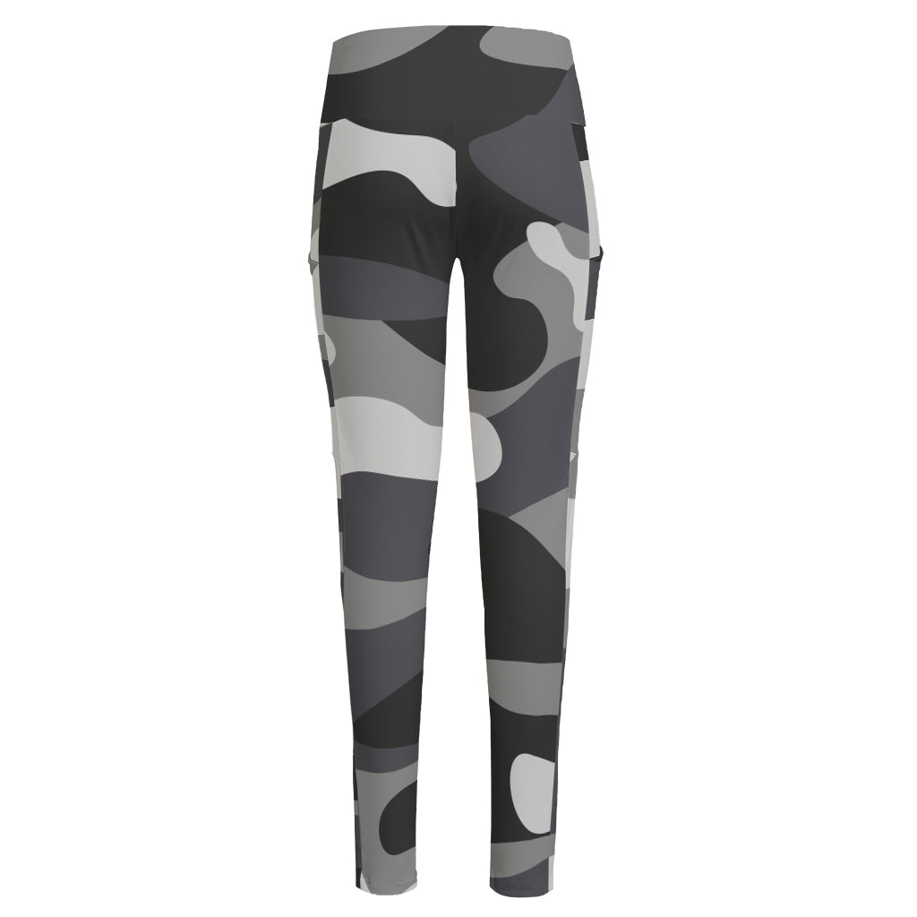 Grey And White Camouflage Print High-Waisted Pocket Leggings