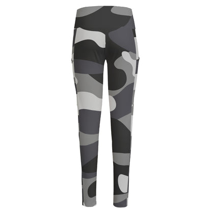 Grey And White Camouflage Print High-Waisted Pocket Leggings