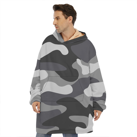 Grey And White Camouflage Print Hoodie Blanket