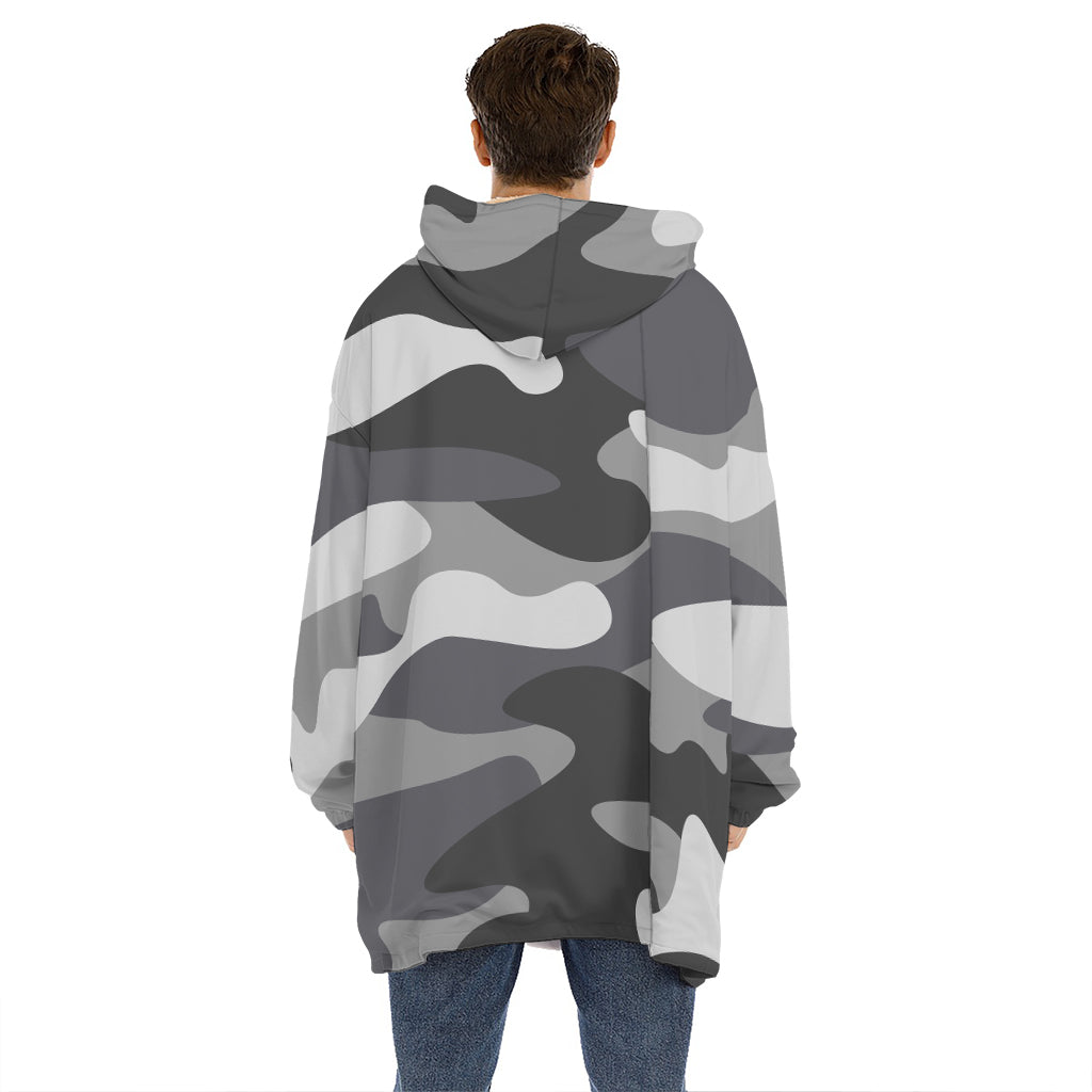 Grey And White Camouflage Print Hoodie Blanket